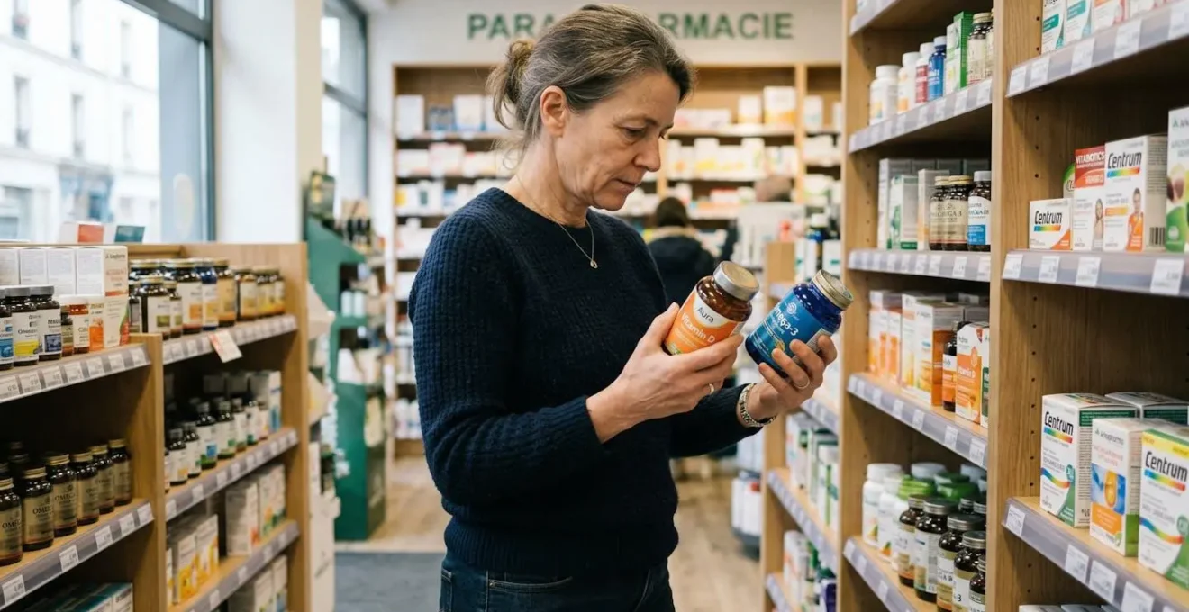 Femme examinant des flacons de compléments alimentaires naturels en rayon de parapharmacie