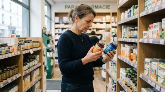 Femme examinant des flacons de compléments alimentaires naturels en rayon de parapharmacie