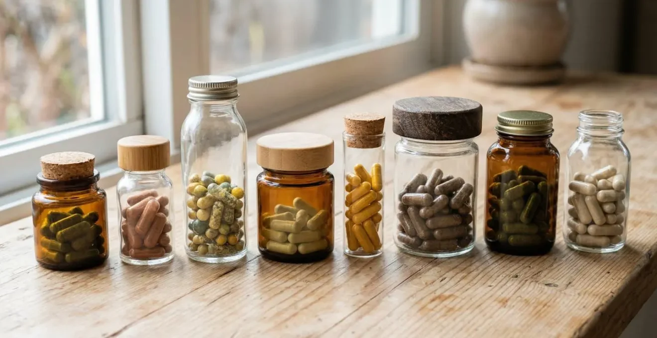Flacons de gélules de phytothérapie alignés sur une surface en bois naturel